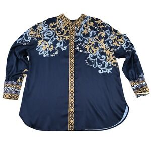 Chicos Navy Blue Gold Baroque Scroll Print Button Down Blouse Shirt Size 3.5 18